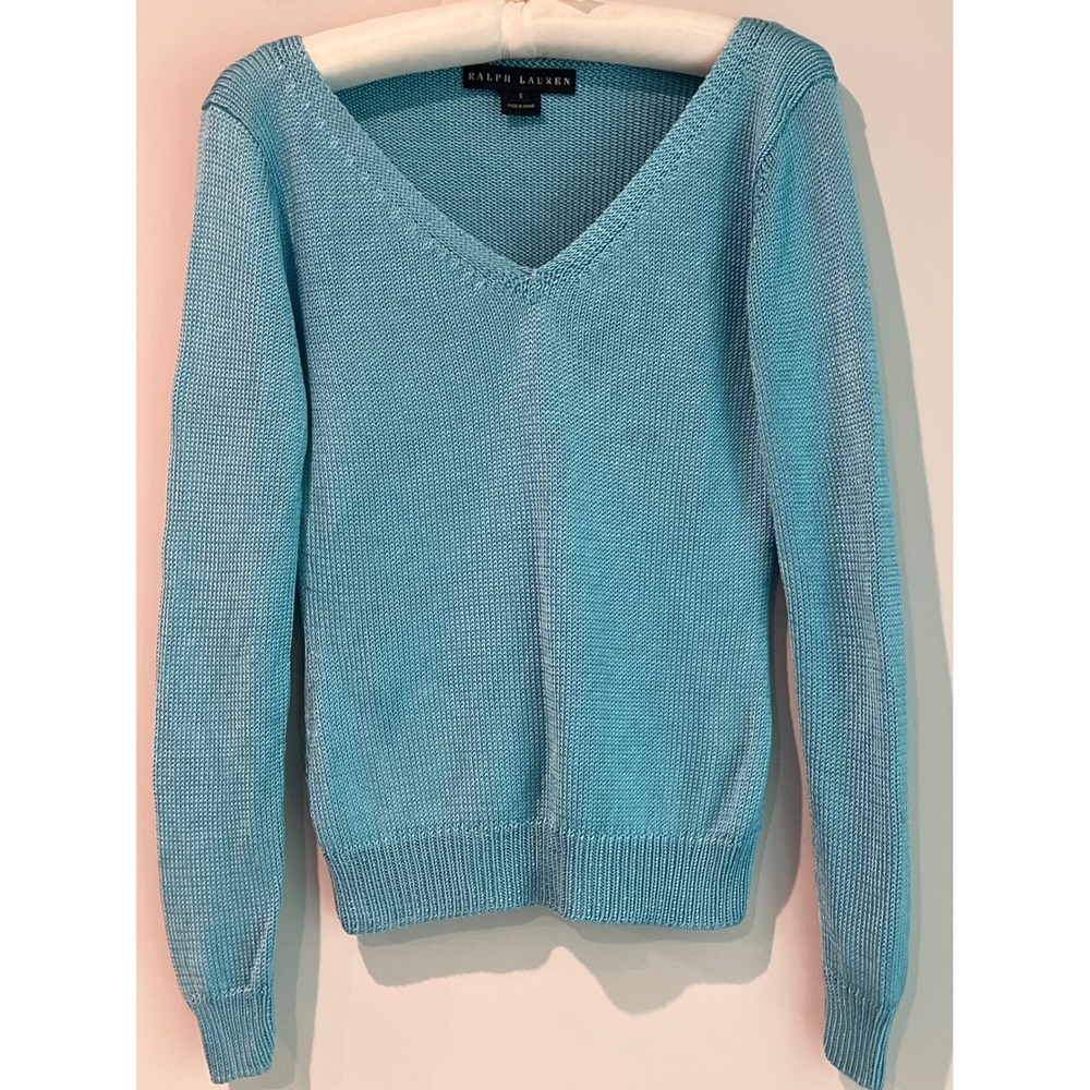 Ralph Lauren Women's Silk Knit V-Neck Sweater Turquoise Blue Ribbed Size S